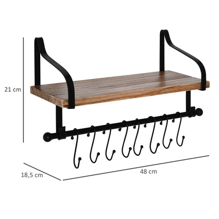 Floating wall shelf with 8 hooks, solid wood, black/natural