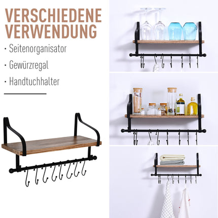 Floating wall shelf with 8 hooks, solid wood, black/natural