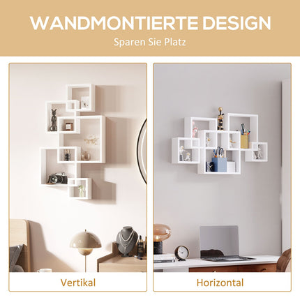 White spruce wood floating wall shelf - 5 cubes, 9 compartments