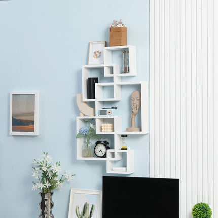 White spruce wood floating wall shelf - 5 cubes, 9 compartments