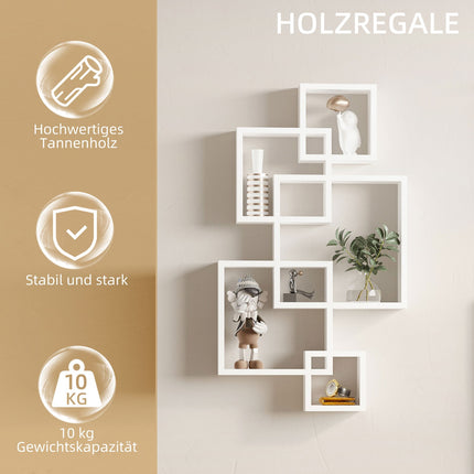 White spruce wood floating wall shelf - 5 cubes, 9 compartments
