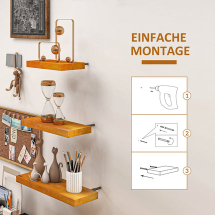Floating wall shelves set of 3, solid wood, brown