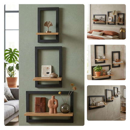 Wall Shelves Set of 3 – Floating MDF with Metal Frame
