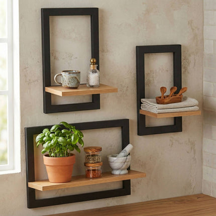 Wall Shelves Set of 3 – Floating MDF with Metal Frame