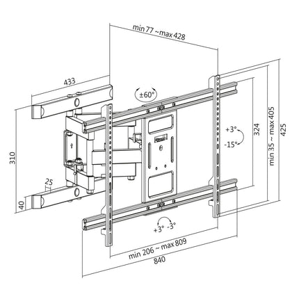 Wall mount TV 43-90" Tilt/angle bar