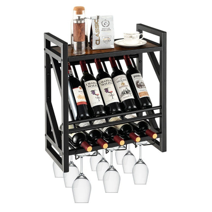 Wall mounted wine rack with 2 tier wine bottle rack & 3 rows for wine glass holder space saving wall wine rack