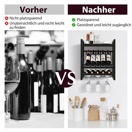 Wall mounted wine rack with 2 tier wine bottle rack & 3 rows for wine glass holder space saving wall wine rack