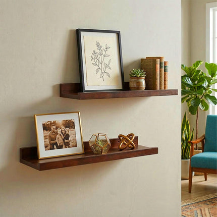 Walnut Wall Shelf Picture Ledge – Narrow, Raised Lip