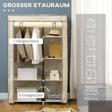 Folding fabric wardrobe - cream, 2 rails, 6 shelves