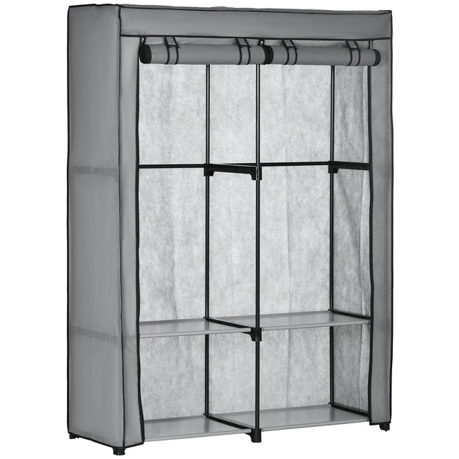 Fabric wardrobe with rails & 4 compartments, light grey
