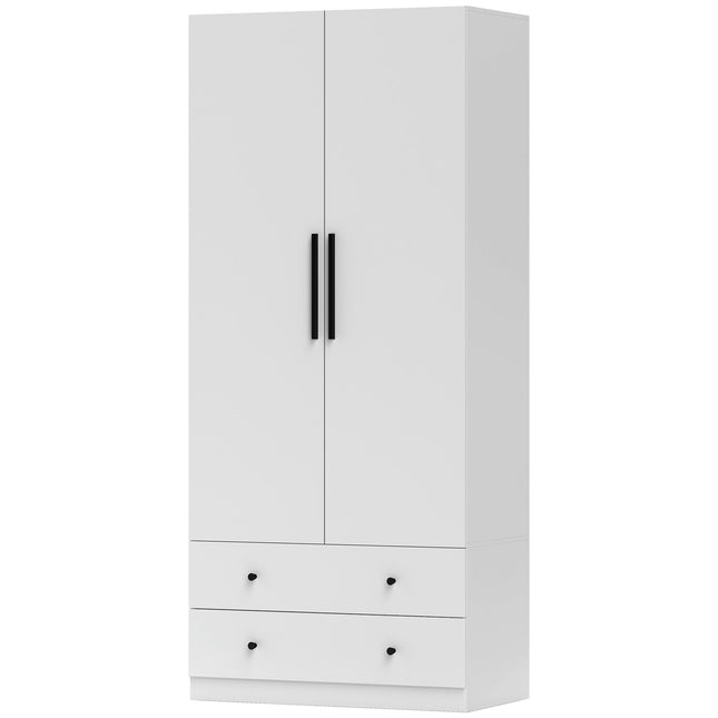 White two-door wardrobe with clothes rail and drawers