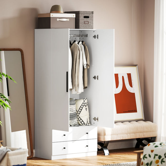 White two-door wardrobe with clothes rail and drawers