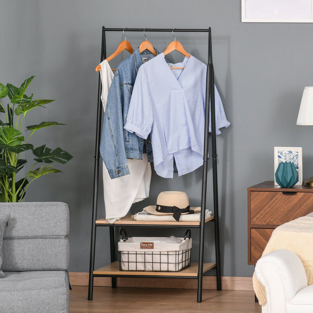 Clothes rack with shoe storage, metal & wood, black/natural