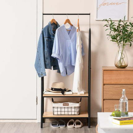Clothes rack with shoe storage, metal & wood, black/natural