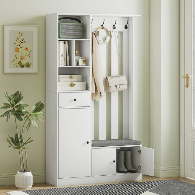 Wardrobe with Clothes Rack, Shoe Bench, Hooks, MDF, White