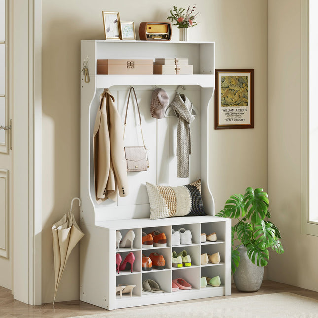 Wardrobe with Shelf, Bench, Hooks, Shoe Compartments, White