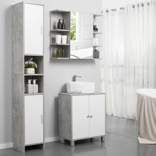 Gray & white bathroom cabinet, adjustable shelves