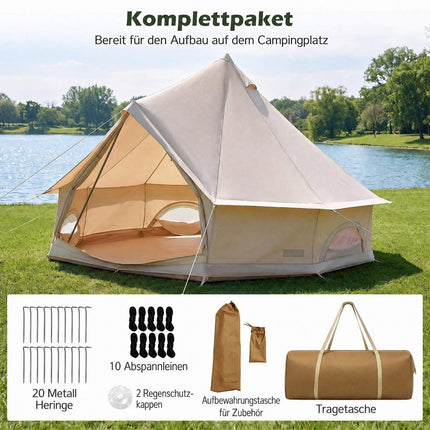 Waterproof Bell Tent with Stove Jack, Mesh Windows, Beige