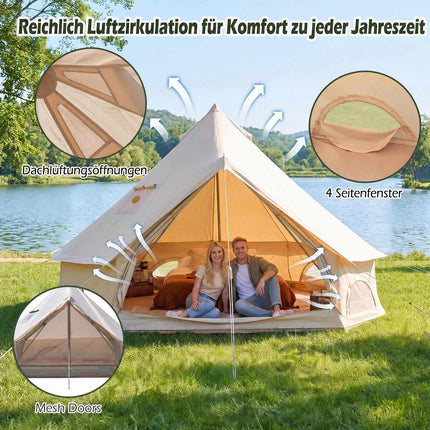 Waterproof Bell Tent with Stove Jack, Mesh Windows, Beige