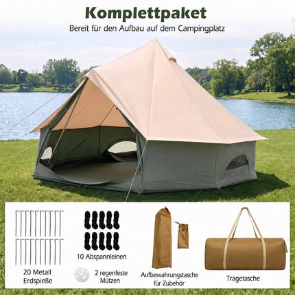 Waterproof Bell Tent with Stove Jack, Mesh Windows, Green