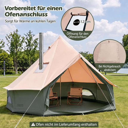 Waterproof Bell Tent with Stove Jack, Mesh Windows, Green