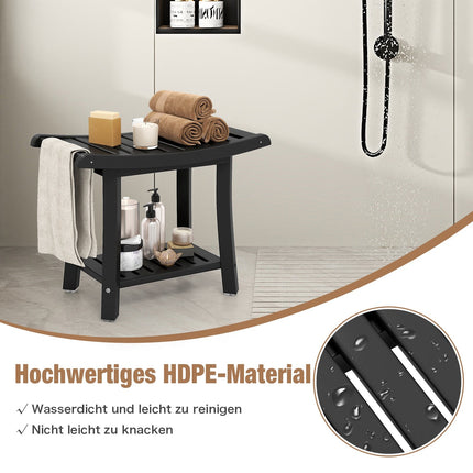 Waterproof Shower Bench, Curved Seat, Black, 2-Tier Storage