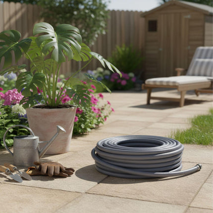 Weatherproof Grey Garden Hose, UV-Resistant Fabric, 1/2-Inch