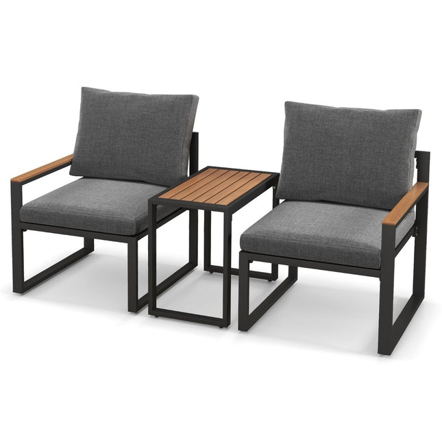 Weerbestendige tuinset met aluminium frame en zachte kussens. Balkonset met 2 stoelen en tafel.