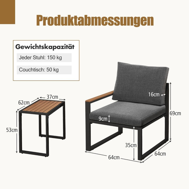 Weerbestendige tuinset met aluminium frame en zachte kussens. Balkonset met 2 stoelen en tafel.