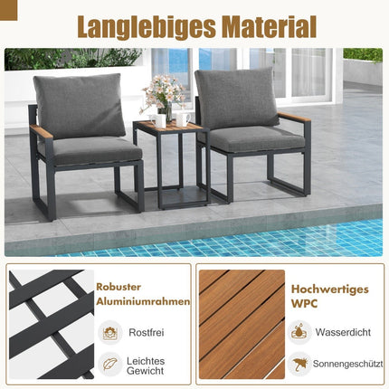 Weatherproof garden furniture set with aluminum frame and soft cushions. Balcony set with 2 chairs and table