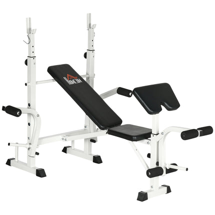 Weight bench with leg press & dumbbell, armrest, black and white