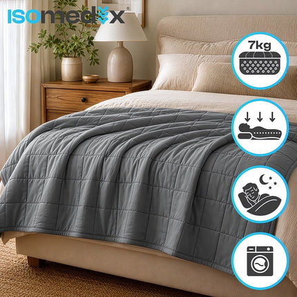 Weighted Blanket 7 kg 200 x 150 cm with 15 x 15 cm Pockets, Grey, Cotton Cover