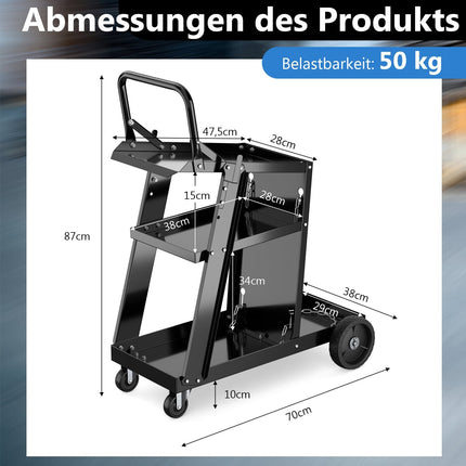 Welding Cart with 3 Shelves and Safety Chains, Black