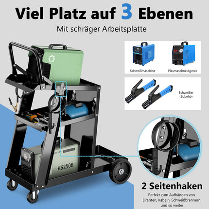 Welding Cart with 3 Shelves and Safety Chains, Black
