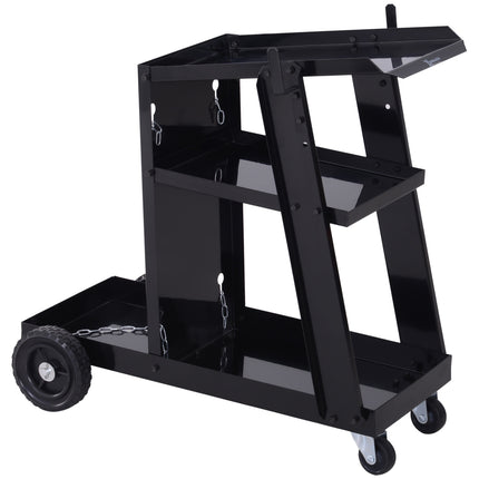 Welding trolley with 3 shelves and safety chain, black