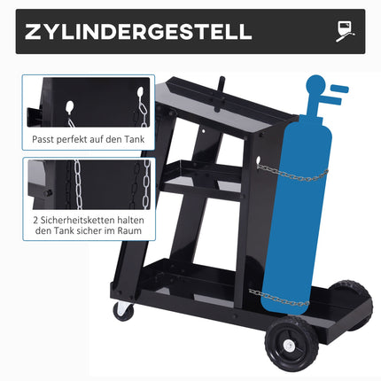 Welding trolley with 3 shelves and safety chain, black