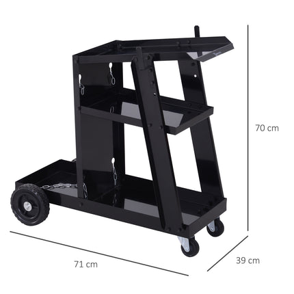 Welding trolley with 3 shelves and safety chain, black