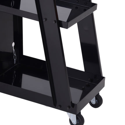 Welding trolley with 3 shelves and safety chain, black