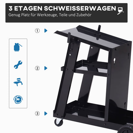 Welding trolley with 3 shelves and safety chain, black
