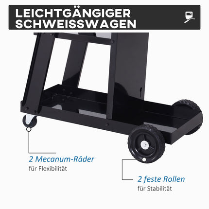 Welding trolley with 3 shelves and safety chain, black