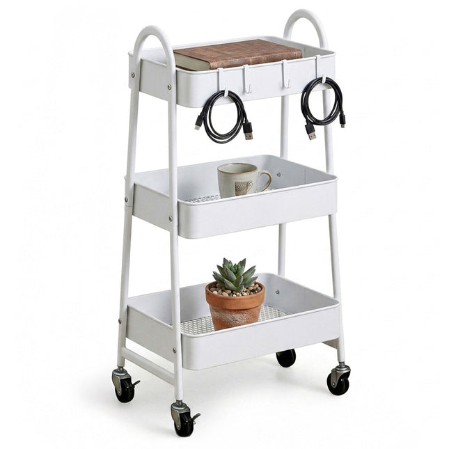 White 3-Tier Storage Trolley with Hooks & Wheels