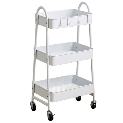 White 3-Tier Storage Trolley with Hooks & Wheels