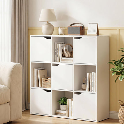 White 9-Cube Bookshelf with 5 Doors and Anti-Tip Device