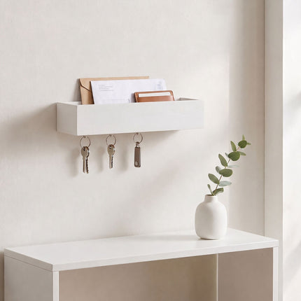 White Bamboo-Iron Key Rack with 6 Hooks and Shelf