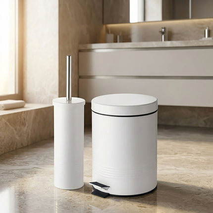 White Bathroom Set with Pedal Bin & Toilet Brush