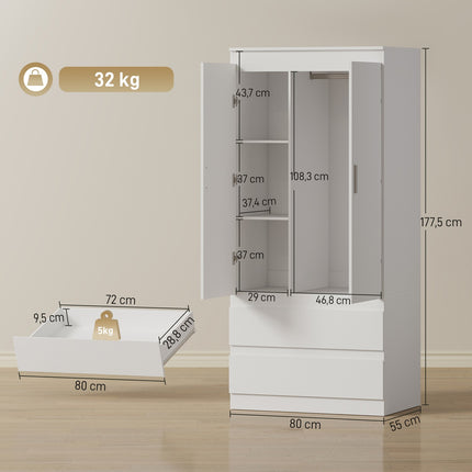 White Bedroom Wardrobe – 2 Doors, 2 Drawers, 3 Shelves