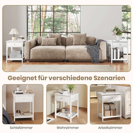 White Bedside Tables Set of 2 with Drawer & Shelf
