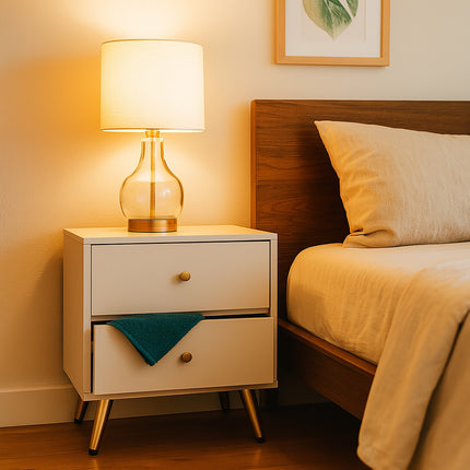 White Bedside Table with Gold Legs and 2 Drawers