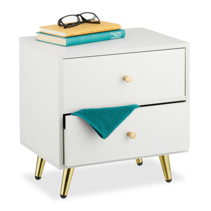 White Bedside Table with Gold Legs and 2 Drawers