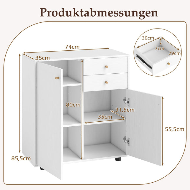 White Buffet Cabinet with 2 Drawers & Adjustable Shelves